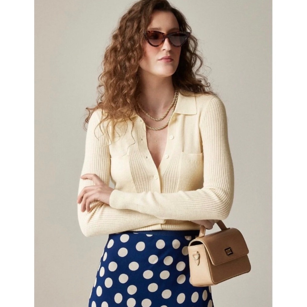 J.CREW | 2025 Button-Up Sweater XL Ivory Merino Wool Ribbed Collared CK393